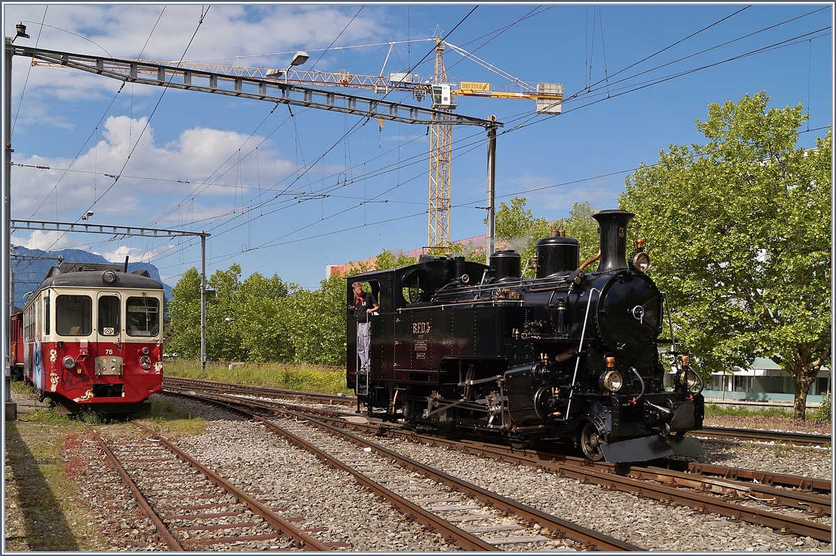 50 Jahre Blonay - Chamby; Mega Steam Festival: Die BFD HG 3/4 N° 3 der Blonay-Chamby Bahn rangiert in Vevey. Der links zu sehende, abgestellte BDeh 2/4 75 wurde wenige Tages später verschrottet. 
21. Mai 2018