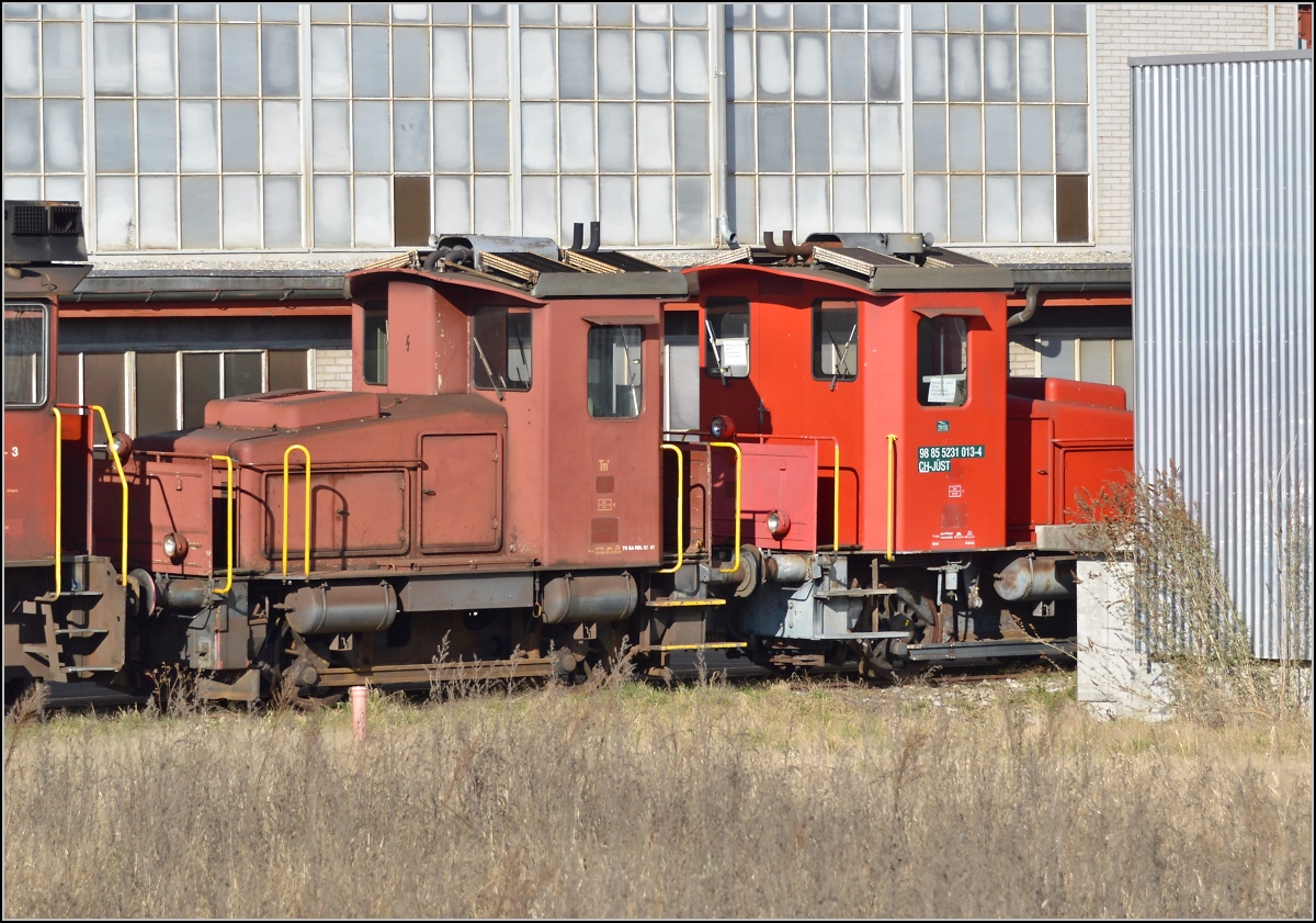 Aus der Traktorensammlung bei Stauffer in Frauenfeld, der rote Tm 231 013-4 soll als Ersatzteillager dienen, daneben ein weiterer Tm 231, offensichtlich zur Aufarbeitung gedacht. Februar 2014. 