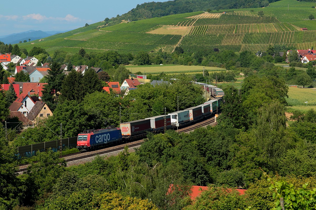 Aus den Weinbergen bei Schallstadt hat man diesen Blick auf die Rheintalbahn. Am 15.07.2015 fährt hier eine 482 der SBB Cargo in Richtung Basel.