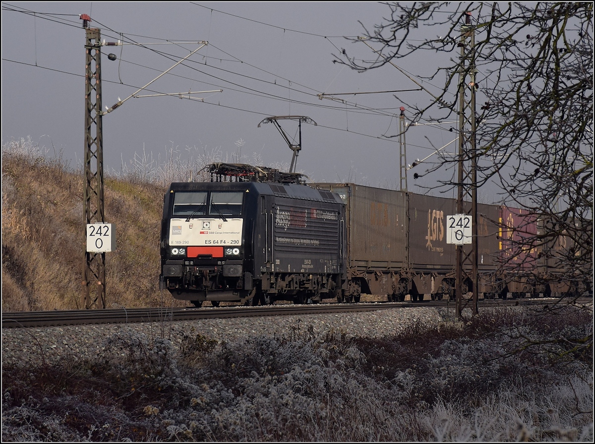 Ausgerastatt, 189 260 mit der Anti-Rastatt-Tunneleinsturz-Werbung auf dem Weg nach Basel. Schliengen, Dezember 2018.