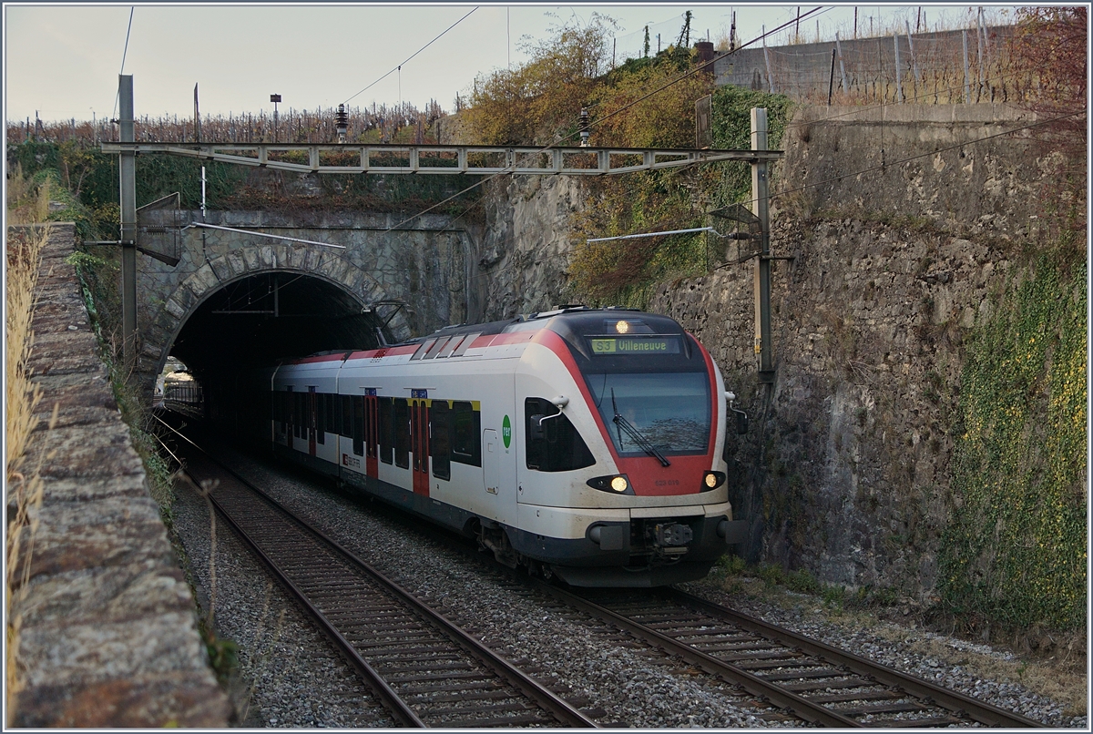 Das Ostportal des 136 Meter langen  Tour-de-Bertholod Tunnel mit dem nach Villeneuve fahrenden RABe 523 010. Zur Zeit wir der Tunnel saniert.

3. Nov. 2017


