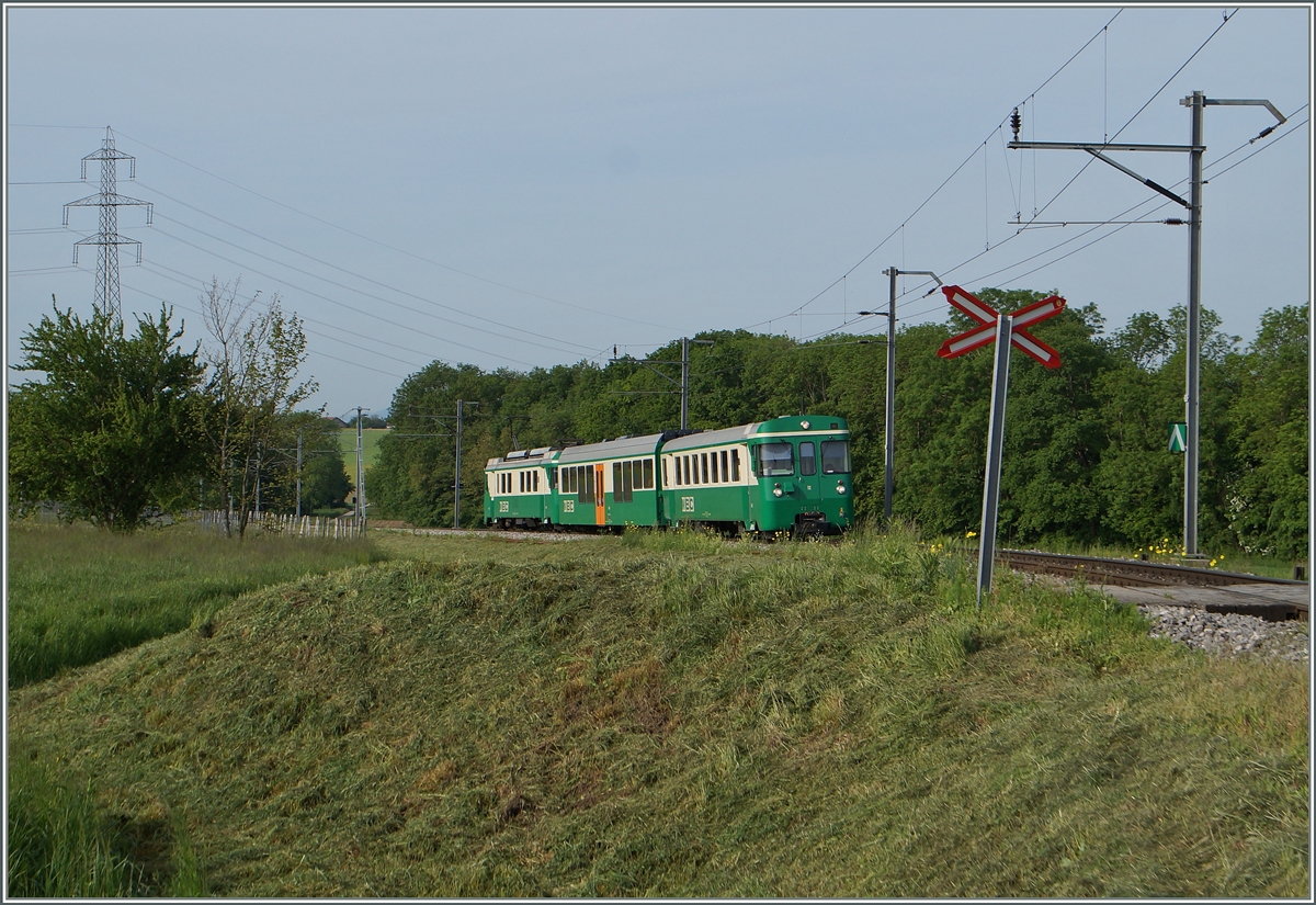 Der BAM Regionalzug 110 mit dem Bt 52 an der Spitze und dem schiebenden Be 4/4 12 erreicht, von Morges kommend, in Kürze Vufflens le Château. 
12. Mai 2015