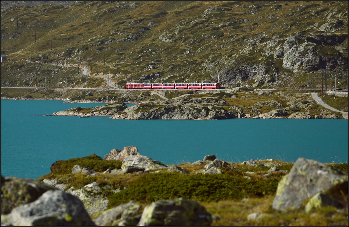 Der Bernina Express mit ABe 8/12 3514  Steivan Brunies  fährt entlang des Lago Bianco. Bernina, August 2015.