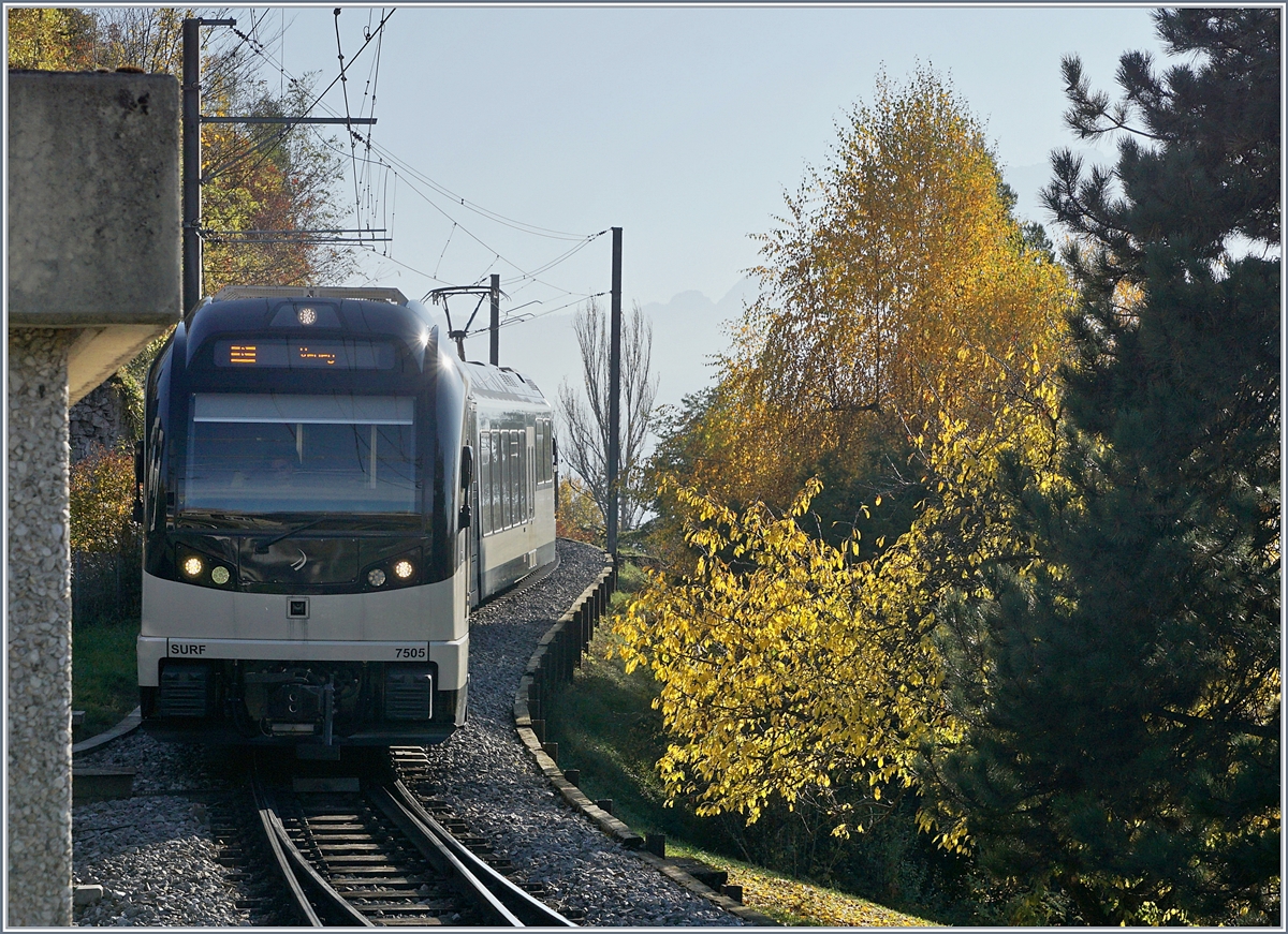 Der CEV MVR ABeh 2/6 7505 erreicht von Blonay kommend den Bahnhof Clies.
Da zurzeit der Bahnhof von St-Légier Village umgebaut wird, befindet sich in Clies die einzige Kreuzungsstelle zwischen Blonay und Vevey.
14. Nov. 2018