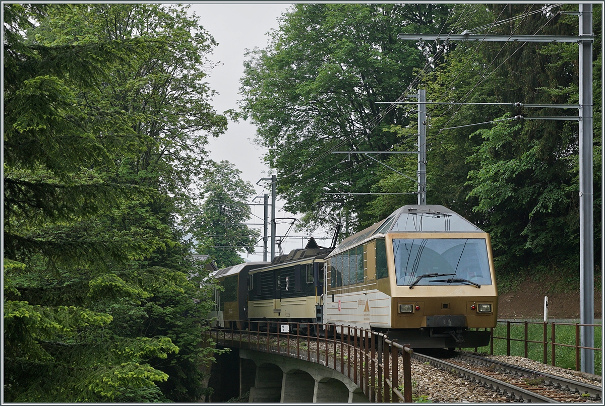 Der GoldenPass MOB Panoramic Zweisimmen - Montreux PE 2111 mit dem Ast 152 an der Spitze, der GDe 4/4 6004  Interlaken  als Zug-Lok und dem Ast 116 am Zugschluss zeigt sich kurz vor nach Sendy-Sollard.

16. Mai 2020