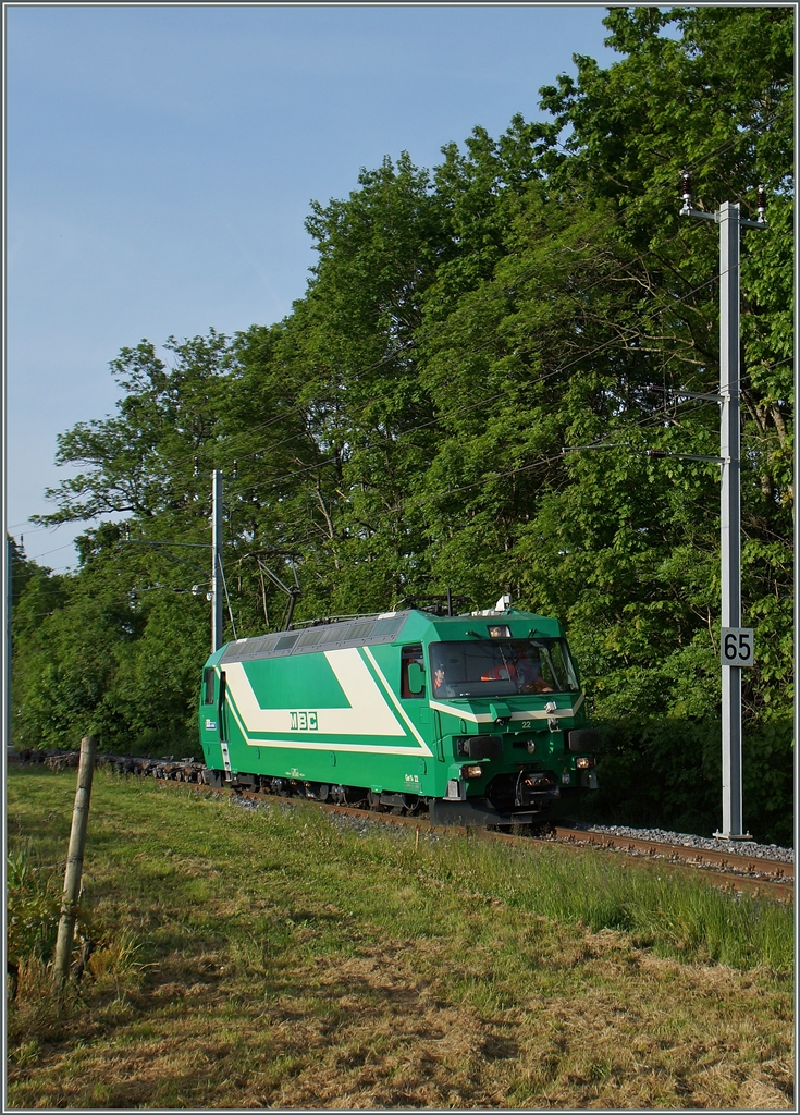 Der  Lokzug  wird erst beim zweiten Blick zu einem  Güterzug : die BAM Ge 4/4 22 zieht bei Chigny einige Rollböck hinter sich her. 
12. Mai 2015