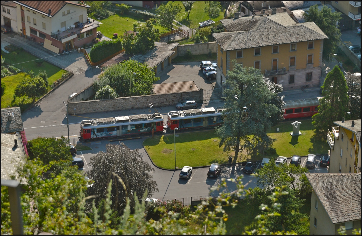 Die beiden ABe 4/4<sup>III</sup> 55 Diavolezza und 56 Corviglia auf der Berninastrae in Tirano. Juli 2013.