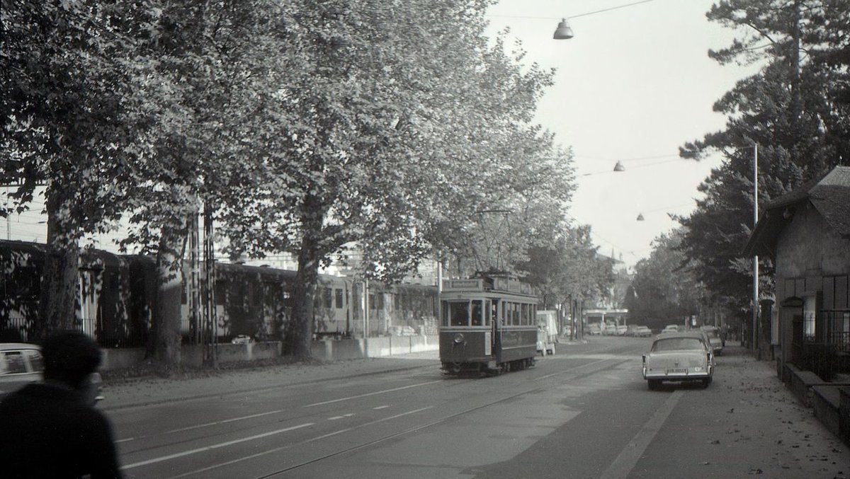 Die ehemalige Tramlinie 1 (Betriebseinstellung 11.Oktober 1965): Wagen 150 in der Laupenstrasse, Richtung Westen fahrend. Sptsommer 1965 