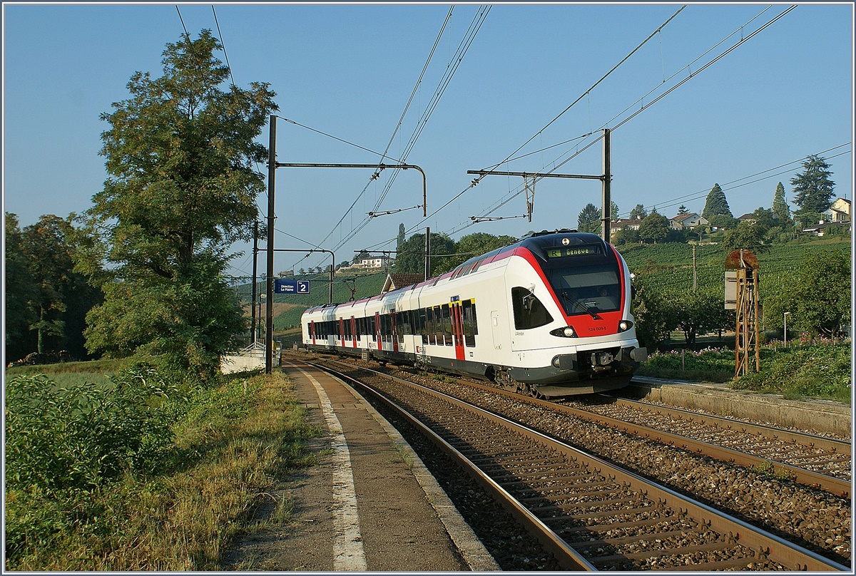 Die SBB Flirt RABe 524, welche im TILO Verkehr eingesetzt werden, haben zwar keine SNCF Zulassung, verkehrten aber zur Verstrung der Gleichstromflotte zwischen Genve und La Plaine, damit die dadurch frei werdenden Bem 550 die Regionazge nach Bellegarde (Ain) bernehmen konnten. 
RABe 524 009-8  L'Allondon  auf dem Weg nach Genve beim Halt in Russin. 
27. Aug. 2009