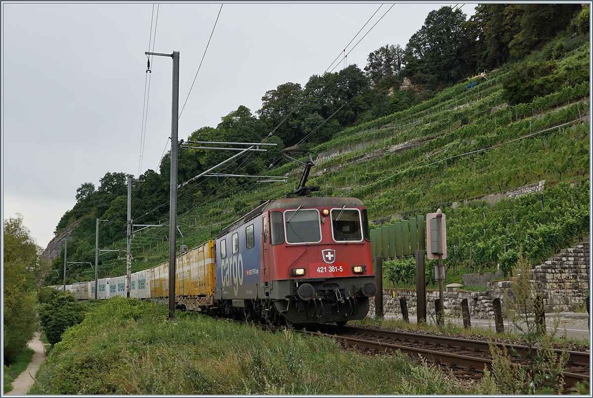 Die SBB Re 421 381-5 mit einem Postzug Richtung Biel kurz vor Twann.
31. Juli 2017