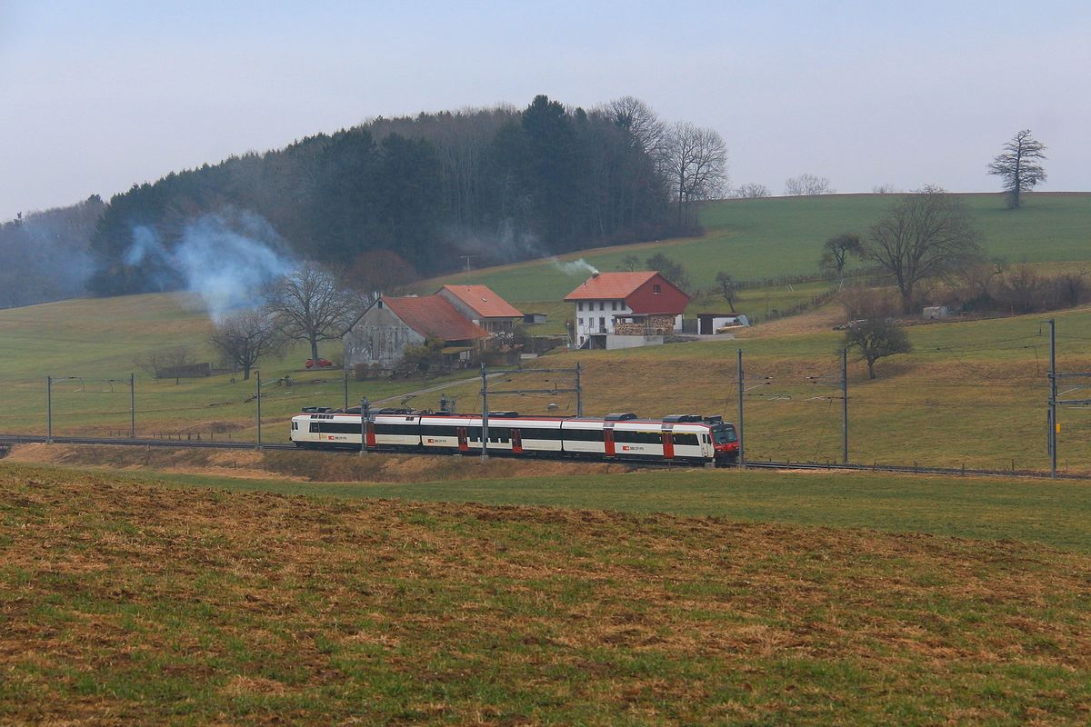 Ein Domino Regionalzug von Palézieux nach Romont im trüben Ende-Januar-Wetter. Chénens, 30.Januar 2018. 