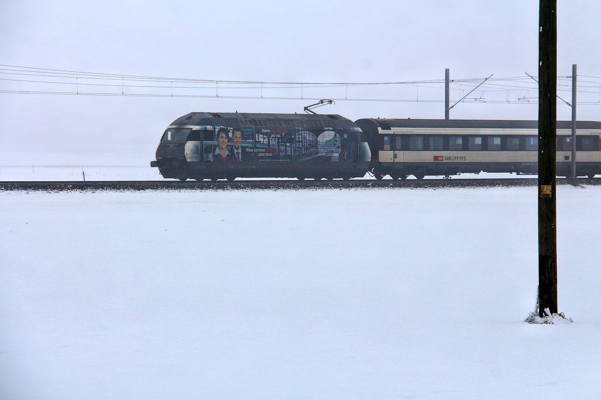 Ein kalter Tag an der Bahnlinie Bern-Thun: Re 460 028 stösst, Personal für die SBB anwerbend, ihren Zug nach Interlaken. 23.1.17