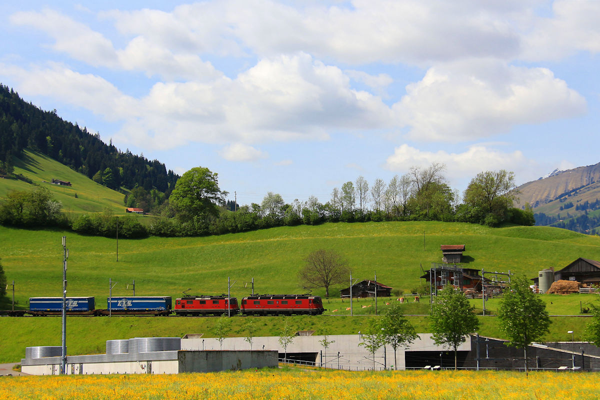 Güterverkehr auf der Lötschberg-Bergstrecke: SBB Re6/6 11679 und Re4/4 II 11349 kommen von der Bergstrecke herab oberhalb des Eingangs zum Lötschberg-Basistunnel. 23.Mai 2017 