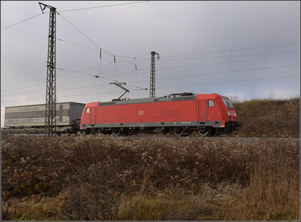 Güterzug gen Norden mit 185 223 bei Schliengen. Dezember 2018.