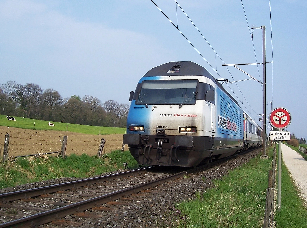 Nachdem der Radfahrer am geschlossenen Bahnübergang oberhalb von Kreuzlingen anhalten musste, wurde schnell der Fotoapparat ausgepackt und die 'SRG'-Werbelok Re 460 020-1 mit dem IR von Konstanz nach Biel fotografiert (18.04.2010).