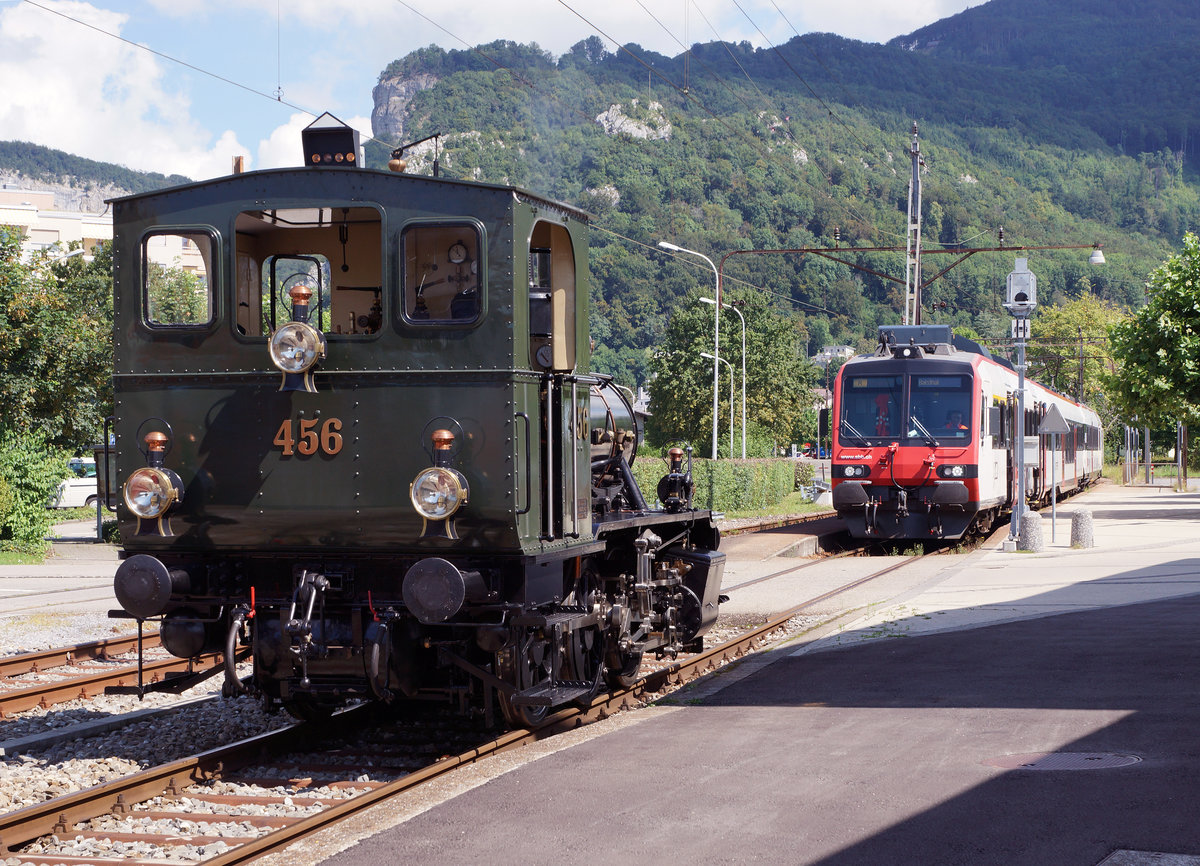 OeBB: Die firsch aufgearbeitete E 3/3 456 (ehemals NOB) vom Verein Historische Seethalbahn wartete am 6. August 2016 auf der OeBB-Endhaltestelle Oensingen auf die Rückfahrt nach Hochdorf.
Foto: Walter Ruetsch