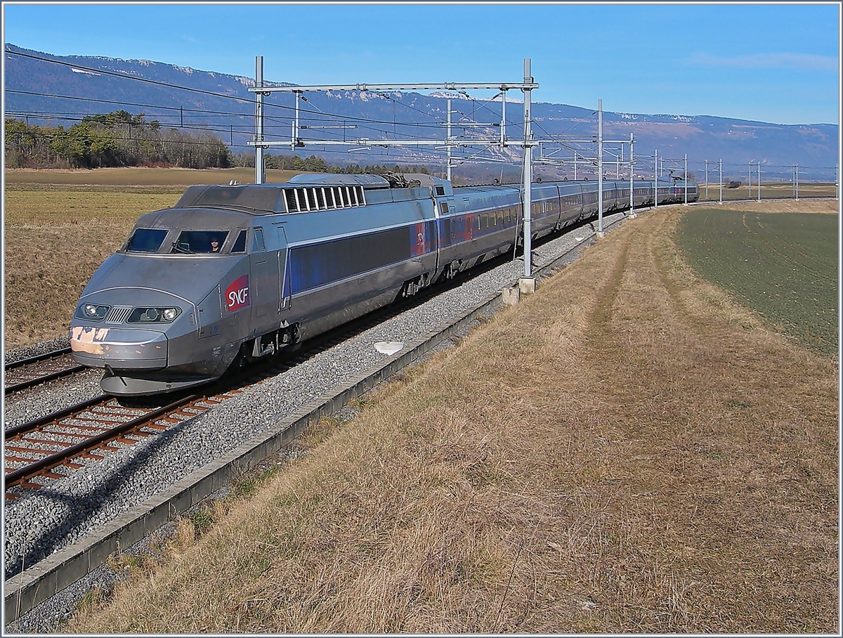 TGV Lyria unterwegs nach Paris in der weiten 180 Grad Kurve oberhalb von Arnex. 23. Jan. 2008