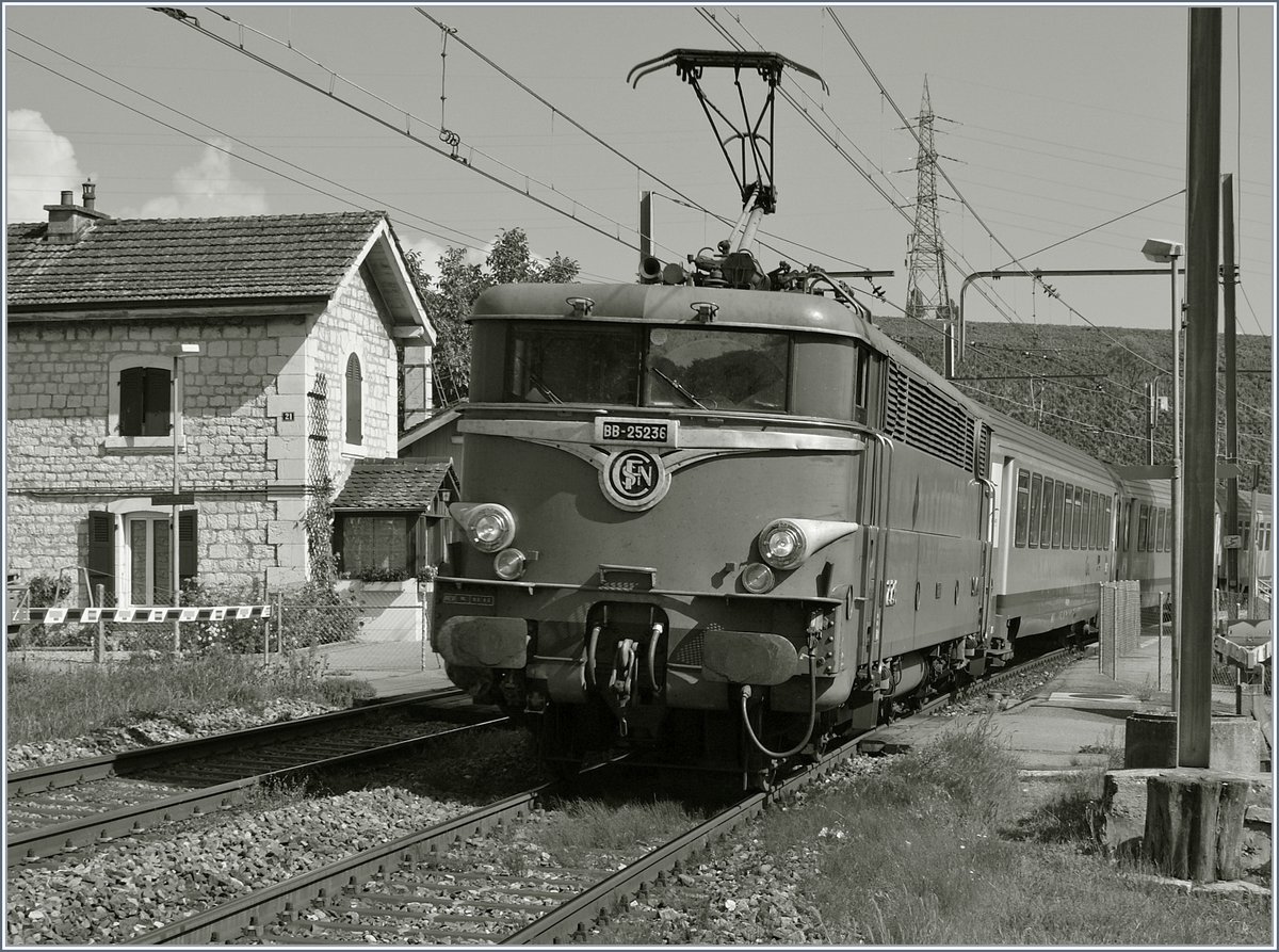 Wie frher: die SNCF 25 236 in Uriginalzustand fhrt mit einem TER nach Lyon in Russin durch.
27. Aug. 2009