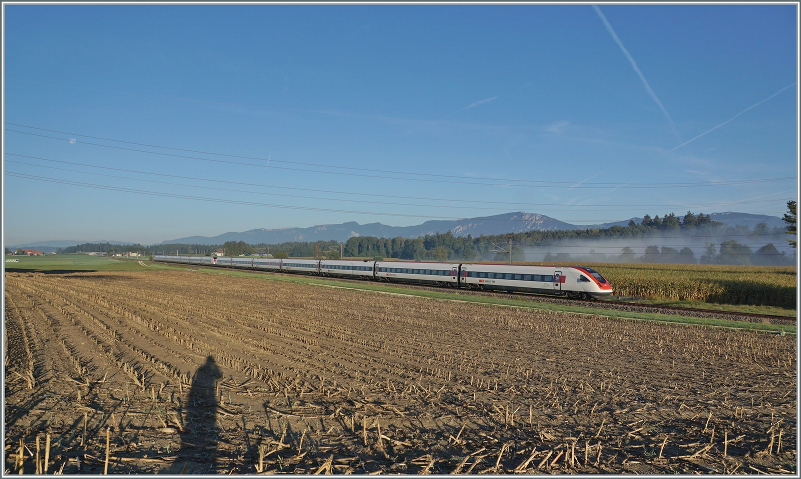 Zwischen Etziken und Bolken auf der ABS Solothurn - Wanzwil sind zwei ICN auf dem Weg von Genève-Aéroport nach Rorschach. Auf dem hier gezeigten Streckenabschnitt verkehren die Züge mit Vmax 200 km/h. 

12. Sept. 2022