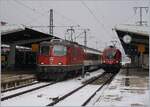 singen-htw/759493/wohl-noch-gut-ein-jahr-kann Wohl noch gut ein Jahr kann in Singen der 'klassische' Lokwechsel eines Grenzüberschreitenden Reisezuges beobachtet werden. In Singen hat die SBB SBB Re 4/4 II 11139 einen IC von Stuttgart übernommen und wartet nun auf die Abfahrt nach Zürich, daneben steht die ÖBB 1116 087 die den Zug aus Stuttgart nach Singen brachte.

9. Dezember 2017


