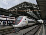 Der  sportiliche  TGV Lyria 4407 in Lausanne.
8. Juni 2016