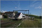 TGV Lyria 9768 von Genève nach Paris Gare de Lyon bei der Durchfahrt in Russin.
20.Juni 2016