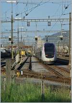 Da es wohl in Bern an einem geeigneten Abstellplatz fehlt, verbringt der TGV Paris -Bern Paris die Nacht im Rangierbahnhof von Biel. Der TGV Lyria 4411 wartet am 24. April 2019 auf die Fahrt nach Bern. 