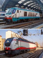   Mal im Vergleich eine E.402A und die Weiterentwicklung daraus eine E.402B     Oben: Die E.402.007 (91 83 2402 007-5 I-TI) eine E.402A der Trenitalia ist am 29.12.2015 beim Bahnhof Milano Centrale