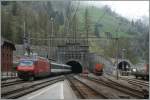 Ein Umleiteter-IC mit der Schublok Re 460 059-9 verschwindet im gut 15 km langen Ltschbergtunnel.
