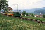 baselstadt-bvb/826204/einfahrt-in-die-franzoesische-station-leymen Einfahrt in die französische Station Leymen, BLT-Doppeltraktion Be4/6 244 und 234 mit BVB-Anhänger 1418. 18.Mai 1985 