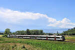 Die ersten Gewitterwolken bauen sich über dem Jura auf während ein NPZ Domino-Zug von Léchelles hinunter nach Payerne fährt. Triebwagen 560 212. 1.Juni 2021  