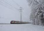 Ein kalter Tag an der Bahnlinie Bern-Thun: IC-Zug, gestossen von der 460 079. 23.1.17