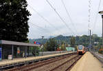 SOB Flirt 121 auf der Strecke Arth Goldau - Luzern via Küssnacht - Meggen. Im Hintergrund ist die Rigi schön sichtbar. Haltestelle Verkehrshaus, 12.Oktober 2021 