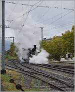112-vevey-blonay-les-pliades/782711/die-1890-gebaute-ex-leb-g Die 1890 gebaute (ex LEB) G 3/3 der Blonay-Chamby Bahn rangiert in Vevey. 

27. September 2020