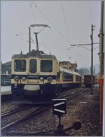 40 Jahre MOB Panoramic Express: Für eine vorgesehen Extrafahrt kam am 18. Juli 1985 eine Superpanoramic Zug als Testfahrt nach Blonay. Hier wartet dieser auf die Rückfahrt.
