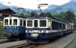 Im Juli 1983 begenen sich in Chateau d'Oex zwei Generationen: Der 1924 in Dienst gestellte BDe 4/4 28 vor einem Gterzug und einer der zwischen 1944 und 1946 gebauten BDe 4/4 3001-3006 mit einem Personenzug nach Montreux.