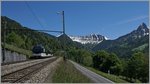 Vor dem Panorama der Waadtländer Alpen unternimmt der ABe 4/4 9303 und Be 9203 (Serie 9000)  Alpina  mit einem Mittelwagen Testfahrten in Sendy-Sollard.
25. Mai 2016