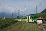 Der ASD BDe 4/4 403 mit seinem (ex Birsigtalbahn) Bt als Regionalzug 440 auf der Fahrt nach Les Diablerets oberhalb von Aigle.
23. Sept. 2016
