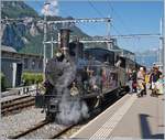Schweizer Dampftage Brienz 2018: Die SBB Brünig Talbahn Dampflok G 3/4 208 der Ballenberg Dampfbahn hat Meiringen erreicht, hier noch mit dem Kamin Richtung Osten, anschliessend wurde die Lok auf