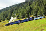 Dampfbahn Furka Bergstrecke: Die HG 3/4 9 mit ihrem blauen Zug fährt nach Oberwald hinunter. Bei den Wagen handelt es sich um die B 4229 (ehemals Visp-Zermatt AB 103) - ABD 4558 (ehemals Brünig A 258) und C 2354 (Bestandteile ehemals Brünig). 23.August 2020