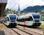 St.Galler S-Bahn Linie S2 (Altstätten SG - St.Gallen - Nesslau Neu St.Johann): Zuhinterst an der Endstation Nesslau Neu St.Johann stehen vier GTW 2/6, sichtbar die 724 und 708. 9.Juli 2021  