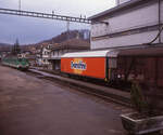 abdze-46/801098/in-neuenegg-an-der-sensetalbahn-standen In Neuenegg an der Sensetalbahn standen früher Güterwagen der Ovomaltine-Fabrik. Hier der Güterwagen 21 85 237 0 200. Derweil fährt der Doppeltriebwagen (ex-BLS ABDZe4/6, dann nur noch BDe4/6) 102 ein. 4.Januar 1991 