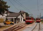 CMN/TRN: An einem schnen Tag im August 1983 wurde die einzige Zugskreuzung des Tages, die damals nur an den Werktagen in La Sagne stattfand, verewigt.