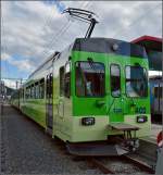 Triebwagen BDe 4/4 402 der Aigle–Ollon–Monthey–Champry-Bahn (ASD), heute unter dem Dach der Transports Publics de Chablais (TPC). Aigle, August 2014.