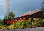 Die Kohle befeuerte BRB 6 fhrt am 01.10.2011 um 9:45 Uhr mit ihren Zug (zwei Vorstellwagen) zum Brienzer Rothorn hinauf.