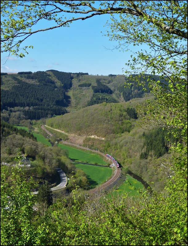 . Ein Frhlingsbild, aber ist es auch ein Bahnbild? -

Vom Aussichtspunkt Spatzlee (370 m) in Kautenbach sieht man tief hinein ins Tal der Wiltz und man kann die Computermaus beobachten, die als RB 3235 Wiltz - Luxembourg dem Bahnhof von Kautenbach entgegen strebt. 05.05.2013 (Jeanny) 