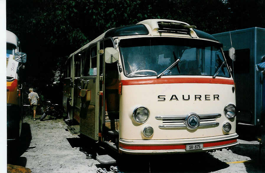 (025'420) - Wehrli, Thayngen - SH 875 - Saurer/Saurer (ex Rieser+Vetter, Frauenfeld) am 15. August 1998 in Heitenried, Sensegraben