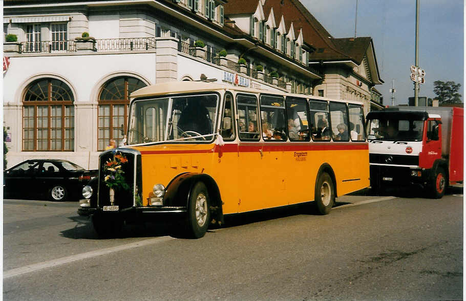 (031'531) - Engeloch, Riggisberg - Nr. 9/BE 40'370 - Saurer/R&J (ex Nr. 2) am 18. Mai 1999 beim Bahnhof Thun