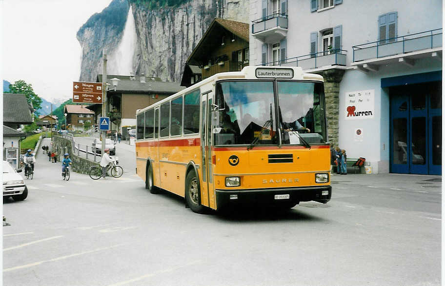 (031'610) - Schmocker, Stechelberg - Nr. 3/BE 203'025 - Saurer/R&J (ex Nr. 1; ex Gertsch, Stechelberg Nr. 1) am 23. Mai 1999 beim Bahnhof Lauterbrunnen