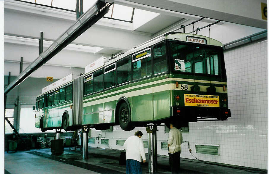 (040'607) - SVB Bern - Nr. 58 - FBW/Hess Gelenktrolleybus am 20. Mai 2000 in Bern, Eigergarage